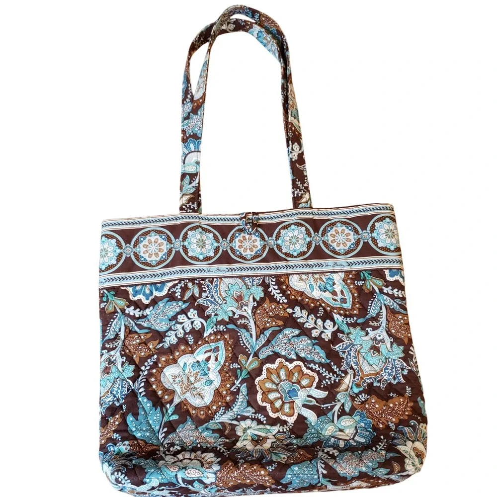 Vera Bradley Quilted‎ Tote Bag Brown Blue Floral Print Button Closure